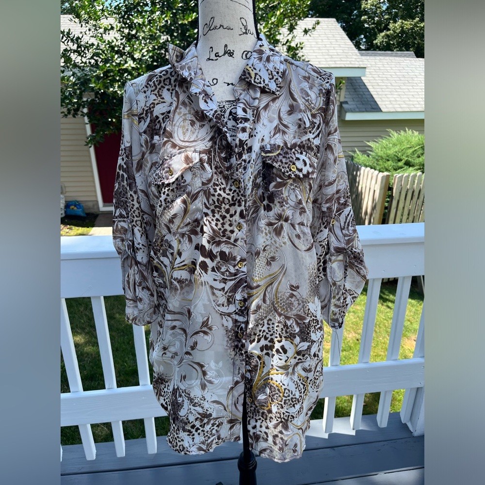 Dressbarn Sheer Animal and Floral Print Blouse with Metallic Threading Sz 1X